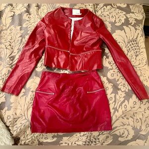 Mustard Seed Faux Leather Red Blazer and Skirt Set